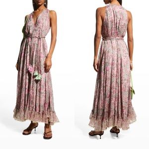 HEMANT & NANDITA Nora Crinkle Chiffon Maxi Dress XS Pink Green Floral